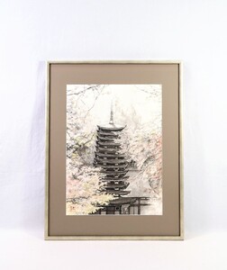 真作 坂垣内将泰 墨彩「談山神社 奈良」画 39×53cm 大阪府出身 全国水墨画美術協会員 篠原貴之に師事 多武峰の山中 荘厳なる十三重塔 8400