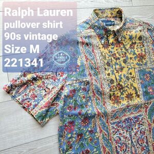 送料無料 Ralph Lauren ラルフローレン■美品 90s フローラルプリント プルオーバー 半袖BDシャツ M バティック モザイク柄 オールドラルフ