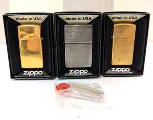 【11698】★火花確認済★Zippo ジッポー 3点セット スリム SOLID BRASS　PAT.2032695 喫煙具 シルバー＆ゴールドカラー ZIPPO ジッポ 