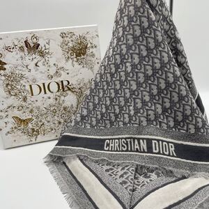 現行 Christian DIOR oblique オブリーク 大判 ストール グレー 総柄 羽織り ポンチョ ブランケット 137×140 クリスチャンディオール 箱付