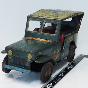 日本製【UNION JEEP ユニオン ジープ 緑 グリーン タイヤ１個欠 フリクション動作確認済】当時物ブリキ自動車TIN TOY CAR【中古】0987