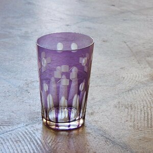 紫色被せ 切子のコップ HK-a-03016 / 古道具 アンティーク 切り子 硝子 カットガラス 昭和レトロ