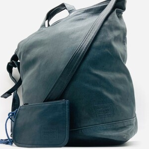 1円●美品●PORTER　ポーター フランク　トートバッグ ショルダーバッグ 2way ビジネス レザー ブルー　ネイビー　本革 大容量 通勤　A4