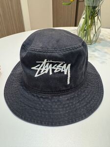 STUSSY ステューシー バケットハット/コットン/ブラック/ビッグロゴ/無地/size:S/M