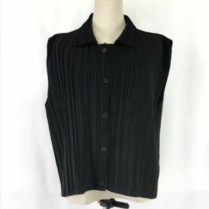 bargeot★癖になる良触感♪ノースリーブ/プリーツシャツ【レディースM-L程度/黒/black】ベスト/Tops/Shirts◆BH627