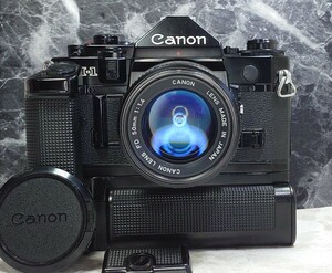 【終活整理】 Canon A-1＋NEW FD 50mm f1.4＋強力モータードライブMAセット 各動作良好 露出計OK 外観綺麗光学良好 持病シャッター鳴きなし