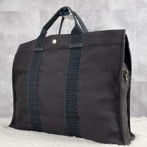 美品 HERMES エルメス エールライン MM トートバッグ ハンド ビジネス ロゴ型押し キャンバス レザー ステッチ 大容量 ビジネス メンズ 灰