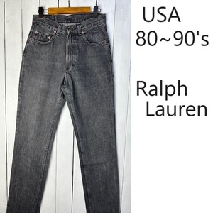 80s～90s USA製 ポロ ラルフローレン 先染め ブラックデニムパンツ 28 オールド ヴィンテージ POLO Ralph Lauren 黒 アメリカ製 ●208