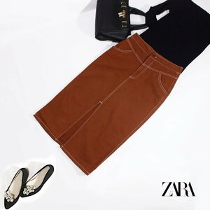 美品 ZARA ザラ ■ 秋 冬 綺麗め 厚みあり ホワイトステッチ カラーデニム ロング丈 飾りボタン タイトスカート S ブラウン テラコッタ