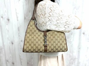 極美品 GUCCI グッチ GGキャンバス ジャッキー ハンドバッグ ショルダーバッグ バッグ キャンバス×レザー 茶 75750