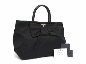 1円 ■極美品■ PRADA プラダ BN1601 テスートナイロン リボン ハンドバッグ トートバッグ レディース ブラック系 BI4711