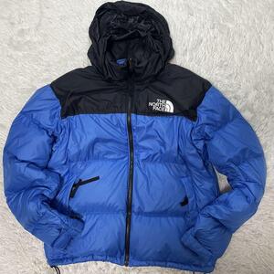 極美品/XL相当 ノースフェイス THE NORTH FACE ヌプシ ダウンジャケット 700FP 軽量 極暖 ロゴ フード収納 ドローコード 青 黒 ブラック 