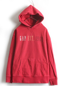 ■ GAP 前V スウェット パーカー ( メンズ M ) ギャップ スエット トレーナー ロゴパーカー プルオーバー ヘビーウェイト 起毛なし レッド