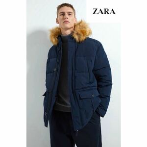 【新品!!】ZARA ザラ ファー付き 中綿ジャケット ミリタリージャケット ネイビー L 防寒 お洒落 冬 ホワイトデー プレゼント■