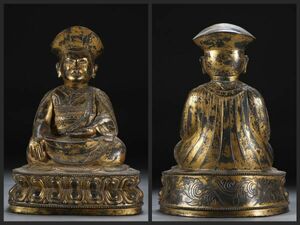 【瓏】古銅彫 塗金瑪爾巴大師坐像 明時代 古置物擺件 銅仏像 仏教文化 蔵出