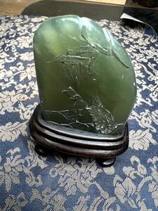 篆刻　緑色凍石　寿山石　薄意　石印材　書道家整理品　台座　不整形　