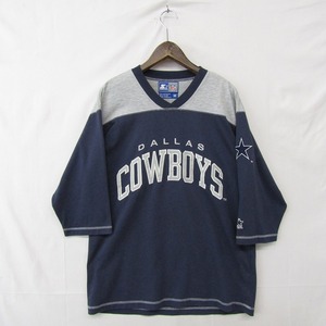 サイズ M STARTER NFL Cowboys フットボール シャツ 5分丈 バイカラー 刺繍 カットソー 長袖 グレー スターター 古着 ビンテージ 2O1372