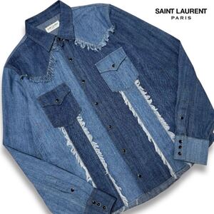 極美品/L相当●SAINT LAURENT PARIS 19ss サンローラン デニム ウエスタンシャツ ジャケット カットオフ パッチワーク インディゴ ブルー