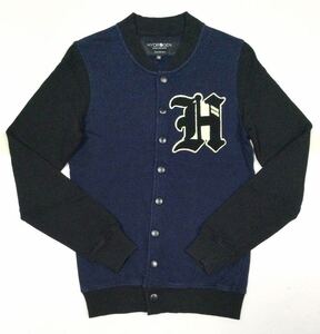 特得※ 美品「HYDROGEN」ヴィンテージ加工 袖切替え スウェット地 スタジアムジャケット Navy×Black SIZE:XS トルコ製