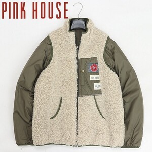 ◆PINK HOUSE ピンクハウス リバーシブル ボア レイヤード風 ロゴプリント 中綿 ジップ ジャケット カーキ×ナチュラル