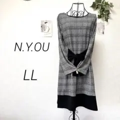 7567 N.Y.OU グレンチェックワンピース ウエストリボン LL