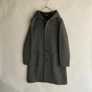 【フランス製】 A.P.C. アーペーセー ウール ヘリンボーン フーデッド コート ヘヴィーアウター ベーシック グレー size M