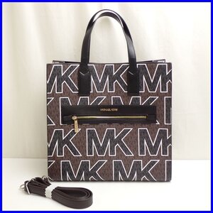 ★未使用 MICHAEL KORS/マイケルコース 2wayトートバッグ/ダークブラウン×ブラック系/PVC×レザー/ショルダーベルト付き&2042000015