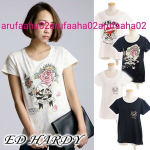 【未開封】 Ed Hardy エドハーディー 総柄 Tシャツ ドクロ ローズ ① ロックT バックプリント 半袖