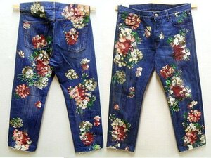 即決[W34]GUCCI 16AW ミケーレ期 Floral Bloom Jeans CROPPED STRAIGHT 花柄 フラワー カットオフ ペイント デニム パンツ■6551