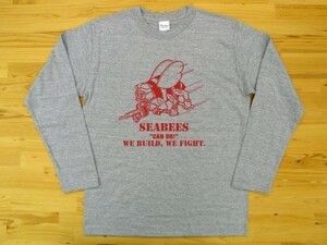 SEABEES 杢グレー 5.6oz 長袖Tシャツ 赤 S ミリタリー シービーズ U.S. NAVY ハチ