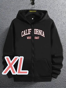 【暖軽パーカー】新品◎黒 ★XLサイズ《California》★軽い裏フリース●ゆったりサイズ■前開きZIPパーカー