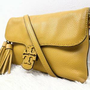 1円■超美品■高級ライン■Tory Burch トリーバーチ フリンジ タッセル ロゴ ショルダーバッグ ビジネス レディース レザー 希少色イエロー