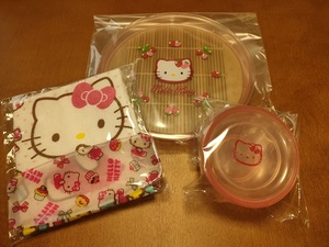 ＊レア＊稀少＊未使用＊2000年＊HELLO KITTY＊そば皿＊竹ザル＊薬味皿＊小鉢＊いちご＊キティ＊おしぼり＊レトロ＊6点＊そうめん＊つけ麺