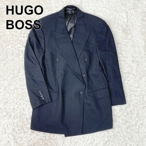 美品 HUGO BOSS ヒューゴボス テーラードジャケット ダブル ストライプ メンズ ブラック ネイビー 大きいサイズ 48 3XL相当 B112314-141