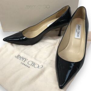 s212 JIMMY CHOO ジミーチュウ エナメル パンプス パテント レザー ハイヒール ブラック 本革 37 イタリア製 正規品 フォーマル