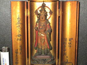 【仏教美術】●江戸時代●　木彫彩色　『南無鬼子母神像』　黒塗厨子　(高さ最大２２．５cm)