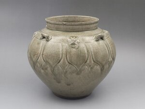 古青磁 陰刻 蓮瓣紋 四耳 壺 時代唐物 幅約20.4cm / 晋漢時代 花瓶 飾瓶 花插 花器 唐物 人間国宝 李朝 高麗 古玩 古董