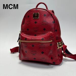 h47【美品】MCM エムシーエム レザー 革　スタッズ　ビジュー　レッド　赤　ヴィセトス柄　リュックサック　バックパック