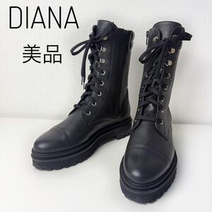 【美品】DIANA レザーショートブーツ　レースアップ　黒　24 サイドジップ　トラックショートブーツ　サイドジップアップ　日本製