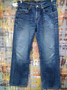 送料込★BOBSON Crack Wash/ローライズルーズストレートジーンズ/28(71)表示w身体~74/中インディゴ縦落ち加工/5ポケ/白織パッチ/赤タブ