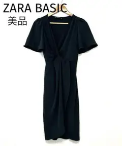 美品【ZARA BASIC】 フリル袖ワンピース XS ブラックグリーン 半袖