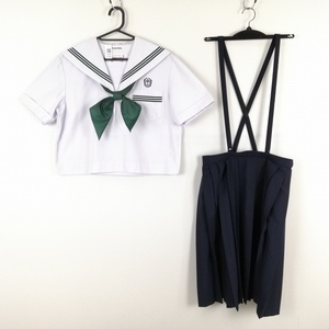 1円 セーラー服 スカート スカーフ 上下3点セット 大きいサイズ 夏物 緑3本線 女子 学生服 兵庫飾磨西中学 白 制服 中古 ランクC EY9049