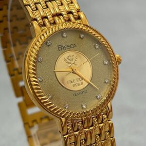 1円スタート FRESCA FINE GOLD ダイヤインデックス クオーツ 腕時計 メンズ レディース Watch 現状品 １スタ