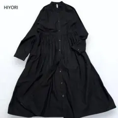 HIYORI バンドカラー ギャザー ロング シャツワンピース コットン 黒 F