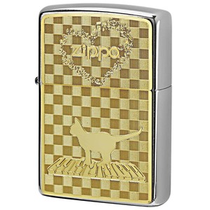 Zippo ジッポライター ネコ 猫 Cat 音符 ＃200 ゴールドプレート ニッケルメッキ 2MP-ネコと音符 GP メール便可