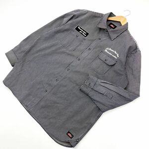 Dickies ☆ 希少 5L ビッグサイズ◎ ストライプ ワークシャツ 長袖 ネイビー ホワイト ストリート 古着 ヒップホップ ディッキーズ■BF197