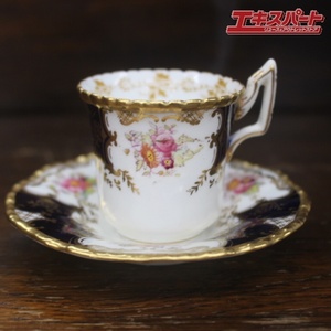 1891年-1919年 アンティーク コールポート COALPORT バットウィング 藍色金彩花柄 デミタス カップ＆ソーサー 辻堂店