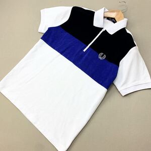 フレッドペリー ☆ FRED PERRY 日本製 メッシュ × タオル地 切替 半袖 ポロシャツ ホワイト ブラック ブルー S 配色＆デザイン◎■F119