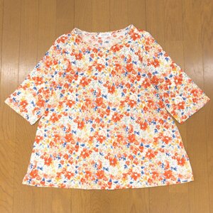 美品 SIMPLE LIFE シンプルライフ 麻 コットンリネン 総柄 フレア カットソー L 日本製 花柄 ロンT Tシャツ 七分袖 国内正規品 レディース