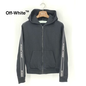 A9877/極美品 春夏 off white オフホワイト 厚手コットン ジップアップ フード パーカー サイドライン ブルゾン ジャケット XS 黒 メンズ